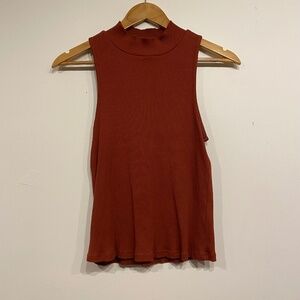 Frank and Oak Red Brown Mock Neck Ribbed Stretchy Sleeveless Top Size Medium